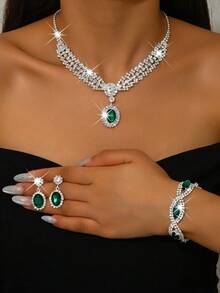 1 Set Luxury Evening Jewelry Set (Necklace + Earrings + Bracelet), Eye-Catching Glamorous Design, Corporate Annual Meeting, Graduation Ball, Christmas, Bridal Gift - Green - View 2