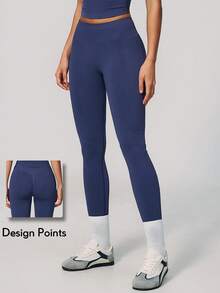 KyrLssu Women High Waist Seamless Ribbed Waistband Leggings, Solid Tummy Control Stretch Yoga Fitness Ankle Pants - Navy Blue - View 2
