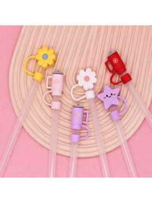 6pcs/1pc Cartoon Cup-Shaped Flower Topper Wide Mouth Straw Cover, Creative Dustproof Straw Plug, Personalized Reusable Straw Hat, Bestseller - Multicolor - View 2