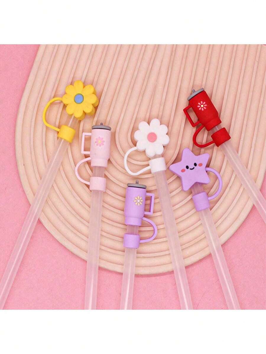 6pcs/1pc Cartoon Cup-Shaped Flower Topper Wide Mouth Straw Cover, Creative Dustproof Straw Plug, Personalized Reusable Straw Hat, Bestseller