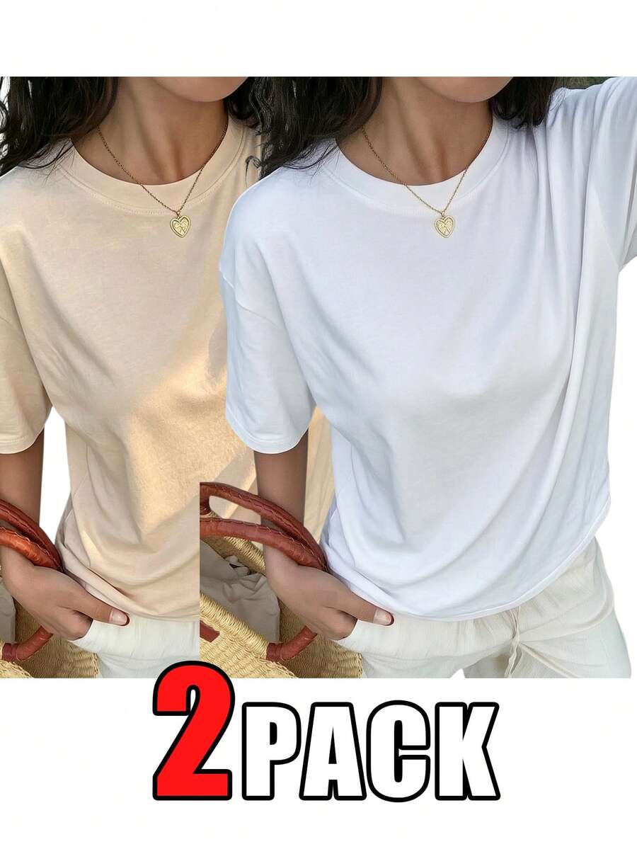 2件組女款圓領短袖T恤 夏季新款時尚素色休閒百搭寬鬆上衣 - 彩色 - 查看 1