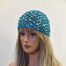 1pc New Adult Hollow Out Sequin Handmade Hat, Solid Color Cotton Yarn Hair Cap, Fashionable Fishnet Headwear For Styling - Multicolor - View 7