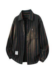 Men's Fashion Striped Shirt Casual Long Sleeve Top Streetwear Commute Outfit Spring Autumn - Dark Green - View 2