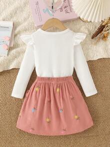 2pcs Young Girls' Casual Cute Round Neck Flutter Sleeve Long Sleeve Top & Double Bow Decorated Embroidered Fabric Skirt Set, Comfortable & Sweet, Suitable For Daily Wear And Outings In Spring And Autumn - White - View 3