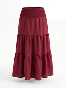 Women's Plus Size Burgundy Layered Skirt, Autumn Long Woven Fabric Skirt, Flowy Ruffle Design, Slightly Elastic, Comfortable To Wear - Red - View 5