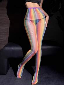 1 Pair Women 2 Styles Rainbow Gradient Fishnet Tights, Y2K Colorful Sheer Mesh High Waist Pantyhose Sexy Stretch Stockings For Club Party Night Out - Multicolor - View 7