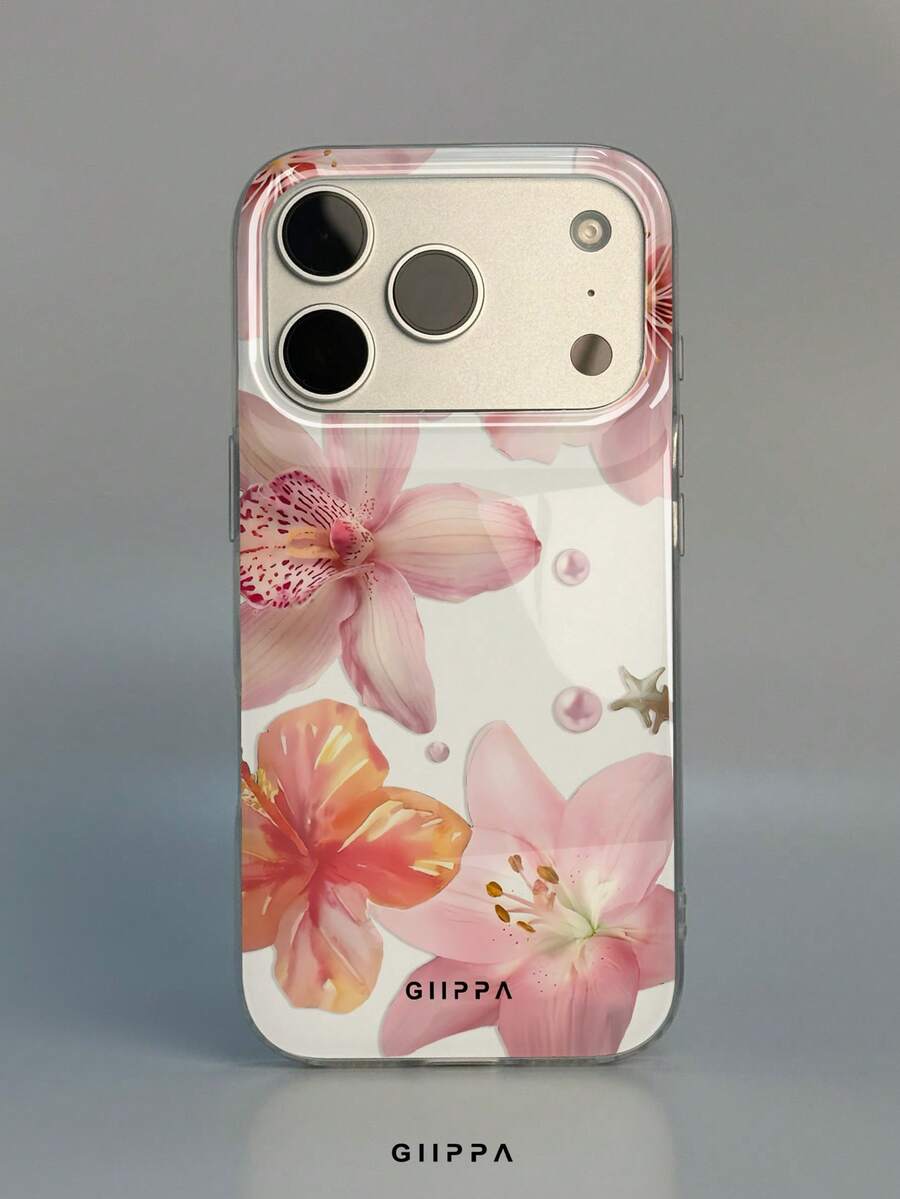 GIIPPA 1pc Pink Hibiscus Pattern Design Phone Case, Compatible With Phone 17 Pro Max, 16 Pro Max, 15 Pro Max, 14 Pro Max, 11/12/13/14/15/16 Pro Max Plus, Korean Style High-End Fashion Fun Elegant Design Suitable For Men And Women, Perfect Gift For Girlfriend On Christmas, Valentine's Day, Easter, Wedding Season And Birthday! - Multicolor - View 1