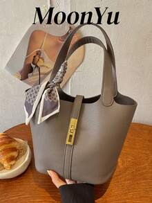 Tas Wanita Model Ember, Gesper Modis, Desain Minimalis Elegan, Cocok untuk Belanja, Bepergian, Bisnis, Padu Padan dengan Syal, Tas Abu-abu - Grey - View 3