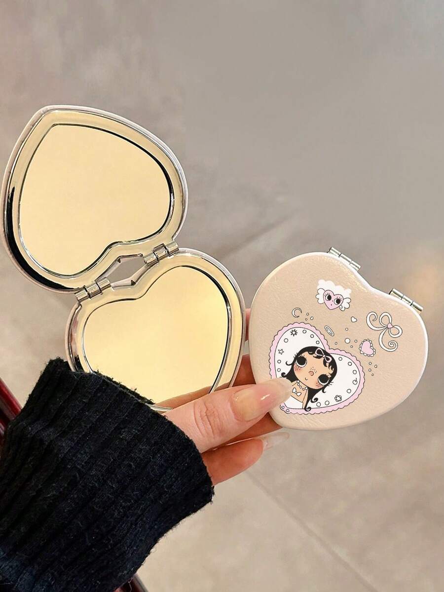 1 Piece Of Yuy Cartoon Girl Cute Leather Small PU Folding Makeup Mirror, Ins Style Cartoon Bow Print Handheld Mini Mirror Suitable For Storage Of Travel Makeup, A Gift For Family And Friends - Multicolor - View 1