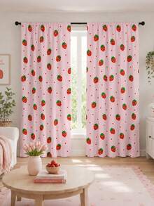 2pcs Strawberry Print Curtains, Rod Pocket Polyester Fabric, Light Pink Cartoon Strawberry Fine Polka Dot All-Over Print, Sweet Cute Girly Style, Machine Washable, Suitable For Bedroom Kitchen Home Window Decoration - Multicolor - View 7