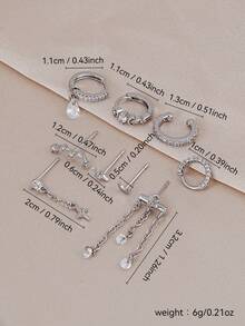 9pcs Artificial Zirconia Inlaid Star & Moon Chain Pendant Earrings Set, Fashionable Layering Accessories For Women's Daily Wear, Date, Party And Gathering - Silver - View 2