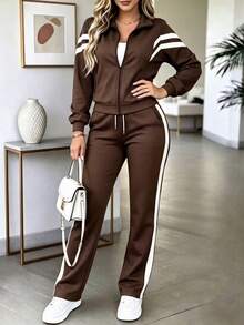 Spring Autumn Winter Women's New Fashion Colorblock Long Sleeve Top Jacket + High Waist Casual Versatile Straight Leg Pants Set, 2 Pieces Outfit - Dark Brown - View 3