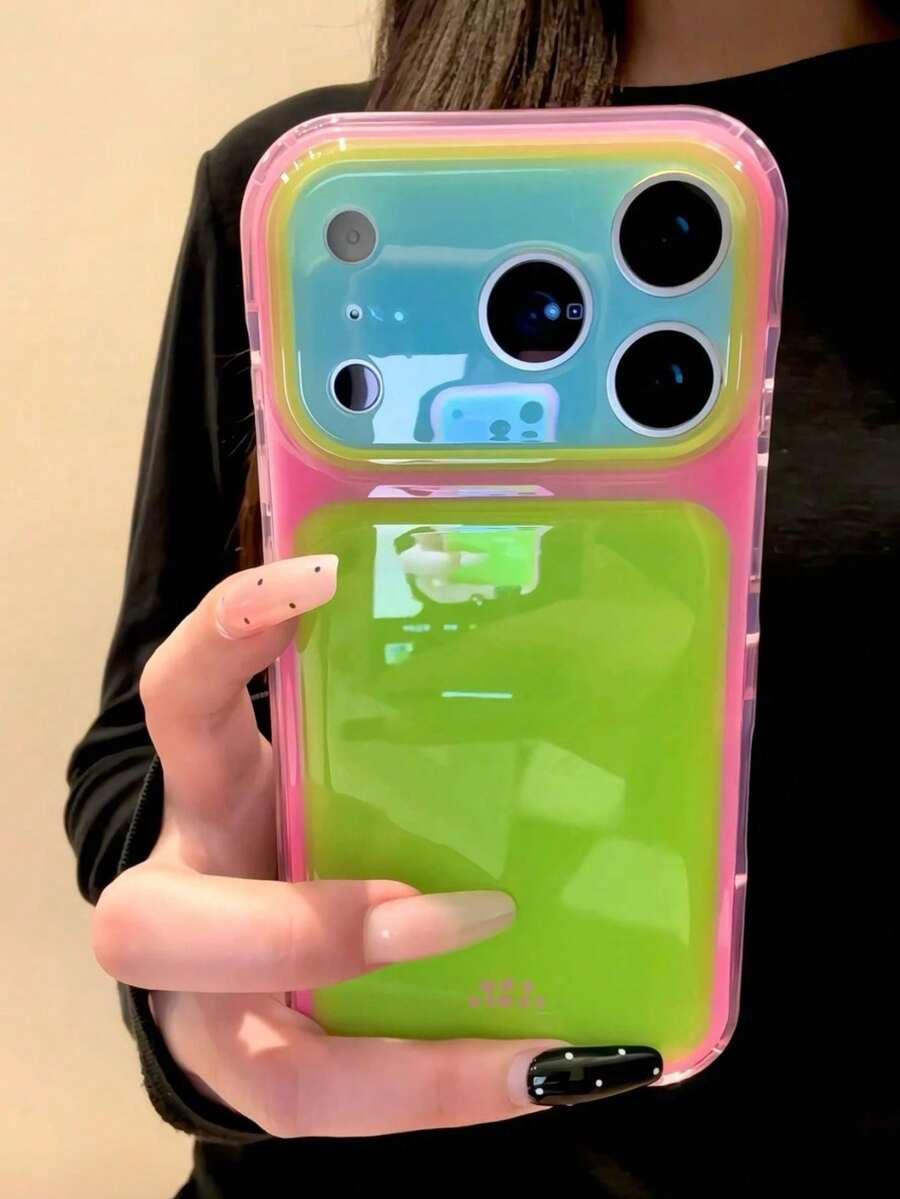 Korean Style Ins Minimalist Y2K Color Block Patchwork Large Window 17 Pro Max Phone Case Apple 15 Pro New 14 Premium Niche 13 Women 16 Pro Creative 18 Shockproof Protective Cover 18 Pro Max - Green - View 1