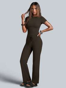NcmRyu Conjunto deportivo de mujer de un solo color con cuello redondo, manga corta, cordón y pantalones de pierna recta - Marrón Mocha - Ver 9