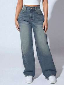 Teens' Loose Straight Leg Distressed Casual Jeans, Slim Straight Leg Jeans - Medium Wash - View 4