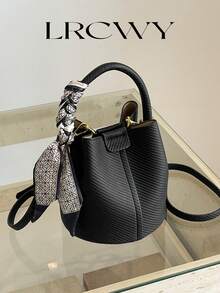 Bolso de cubo para mujer, bolso de mano elegante y versátil de unicolor a rayas negro con pañuelo, adecuado para compras y viajes, incluye una pequeña bolsa - Negro - Ver 2