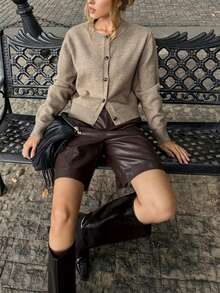 Women's Crew Neck Button Front Long Sleeve Solid Cardigan Sweater Fall Winter Casual Street Commute Daily Fashion Stylish Simple Autumn Knit Cardigan - Khaki - View 4