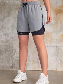 2合1內襯女款運動短褲，純色內襯2合1運動褲，彈性兩件式套裝，適合夏季跑步、運動、瑜伽、健身、健身訓練 - 淺灰色 - 查看 5