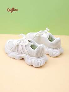 1 par de zapatillas deportivas infantiles de color blanco crema sólido, con malla transpirable y patchwork de PU, punta redonda anticolisión, cordones blancos puros, suela gruesa ondulada, estilo minimalista fresco y deportivo, adecuadas para primavera/verano, ir a la escuela, correr al aire libre, salidas diarias, zapatillas blancas casuales ligeras - Blanco - Ver 6