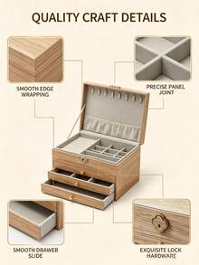 Jewelry Storage Box, Artificial PU Leather Walnut Wood 3-Layer Wooden Jewelry Box With Velvet Lining, Earring And Ring Storage Box, Large Capacity Drawer Design, Suitable For Necklaces, Bracelets (3 Layers) - Multicolor - View 8