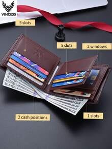 VINCESS Men's Genuine Leather Business Wallet, Anti-Theft, Fashion Design, Large Capacity Luxury Cowhide Men's Wallet, With Card Slots, Credit Card Slots, Multi-Function Business Wallet, Ideal Gift For Men - Black - View 10