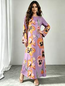 1 buah Gaun Wanita, Motif Geometris Berwarna-warni, Leher Bulat, Lengan Mengembang, Lengan Panjang, Abaya Longgar untuk Musim Gugur - Violet Purple - View 3