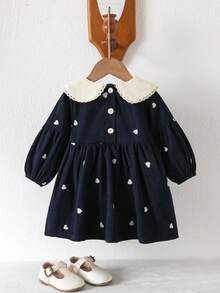 Baby Girl Heart-Shaped Embroidered Casual Lace Patchwork Dress - Navy Blue - View 3