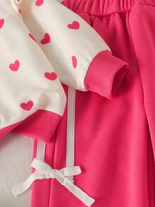 2pcs Baby Girl Sweet Style Heart Print Flutter Sleeve Round Neck Long Sleeve Sweatshirt & Side Bow Sports Long Pants Set, Suitable For Daily Outings - Rose Red - View 5