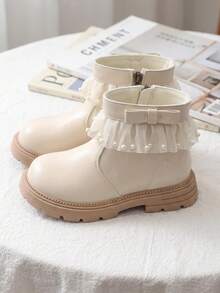 1 Pair 2026 New Girls' Mesh Pearl Ankle Boots, Bow Side Zipper Thick Sole Design, Sweet Fairy Princess Style, Suitable For Autumn/Winter Outings And Skirt Outfits - White - View 8