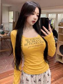 Kaos Lengan Panjang Leher U Gaya Amerika untuk Gadis Seksi dengan Lapisan Dalam dan Pinggang Pas, Warna Kuning - Kuning - View 3