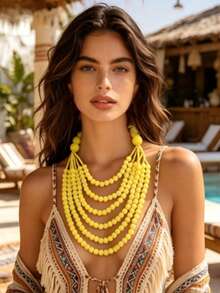 European American African Multi-Layer Exaggerated Wooden Bead Necklace - Yellow - View 1