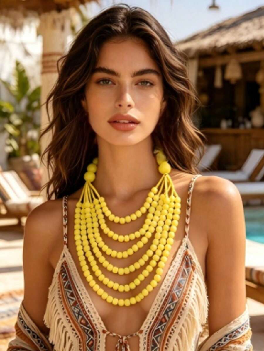 European American African Multi-Layer Exaggerated Wooden Bead Necklace - Yellow - View 1