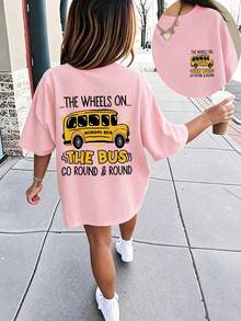 1pc Tween Girls Fun School Bus Print Set Pink Top With Cute School Bus Pattern Design Casual Comfortable Campus Style Children's Clothing - Pink - View 1