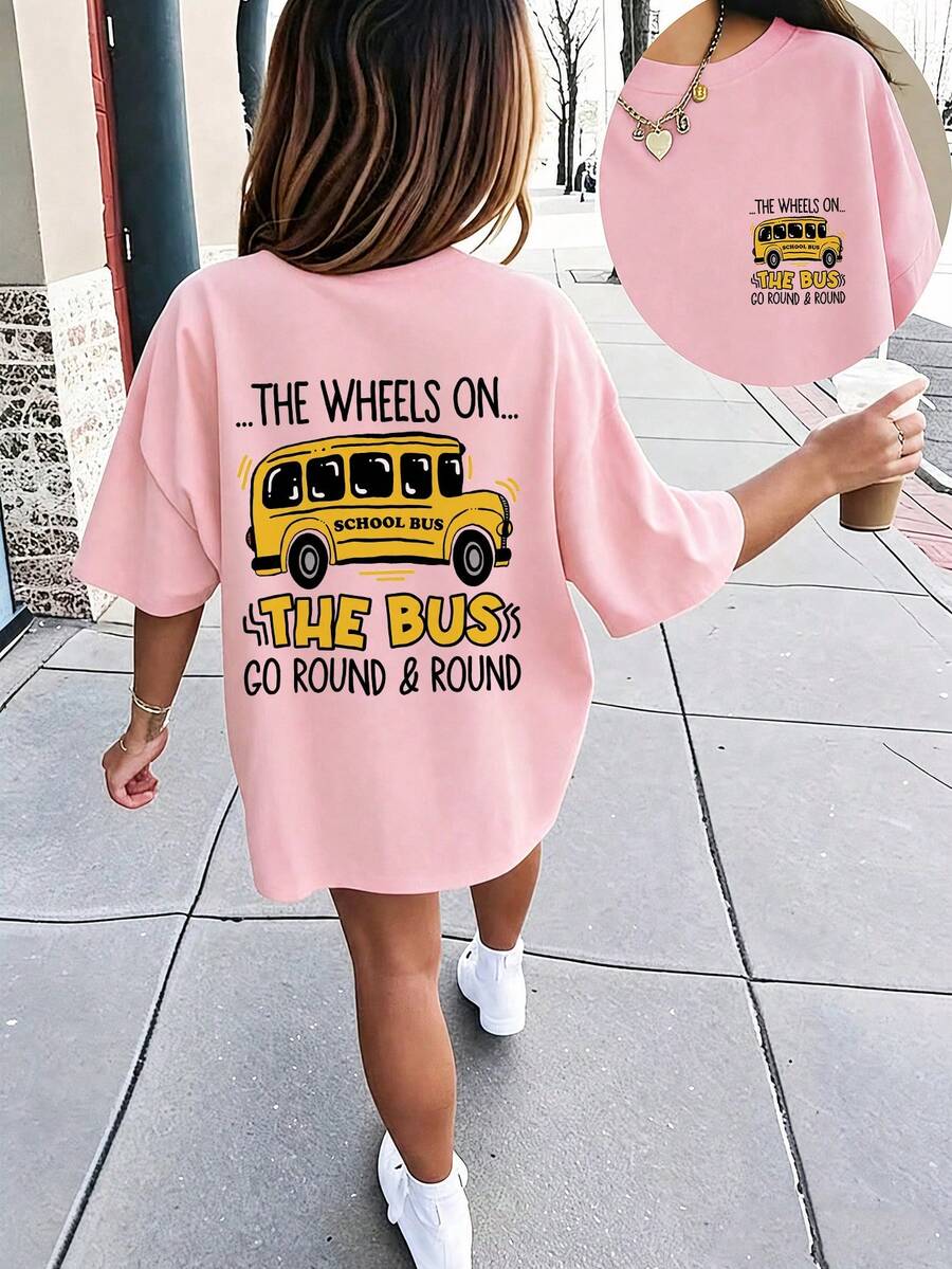 1pc Tween Girls Fun School Bus Print Set Pink Top With Cute School Bus Pattern Design Casual Comfortable Campus Style Children's Clothing - Pink - View 1