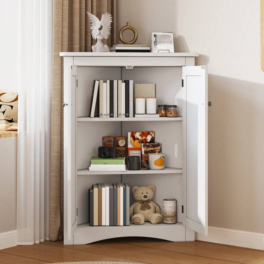 Gray Corner Bathroom Cabinet - 2-Door Freestanding Triangular Cabinet With 3 Shelves, High-Quality MDF Board With Painted Finish, Space-Saving For Bathroom, Kitchen, Living Room (61.5 X 80) - White + MDF + MDF - View 1