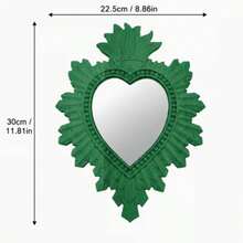 11.81 Inch Green Sacred Heart Wall Mirror, Hand Carved Wooden Frame Decorative Mirror, Suitable For Living Room Bedroom Luxurious Bohemian Style Decor - 1PC - View 2
