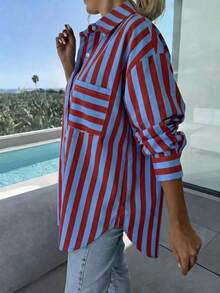 Women's Off-Shoulder Long Sleeve Striped Shirt, Casual Vacation Loose Fit, Suitable For Spring/Summer Commute And Daily Wear - Red and Blue Stripes - View 5