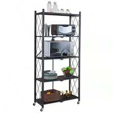 Rack 71*34*160cm 5-Tier No-Assembly Foldable Metal Storage Shelf With Lockable Casters, Multi-Purpose Organizer For Microwave, Tableware & Household Supplies - Multicolor - View 8