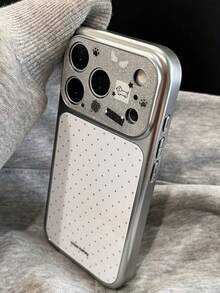 韓系 Ins 極簡白色波點狗狗圖案手機殼，適用於 Apple 17 Pro、16 Pro Max、15、17、14 PM、13，電鍍鏡面效果，大窗設計，全包覆硬殼，女性專屬高級風 - 白色 - 查看 2
