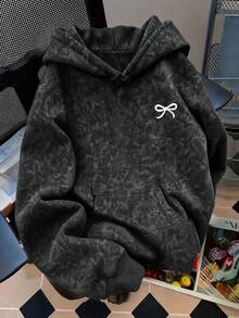 1pc Women's Navy Blue Minimalist Bow Embroidery Hooded Sweatshirt, Loose Drawstring Pocket Basic Pullover Sweatshirt, Suitable For Casual Lazy Daily Weekend Wear - Black - View 1