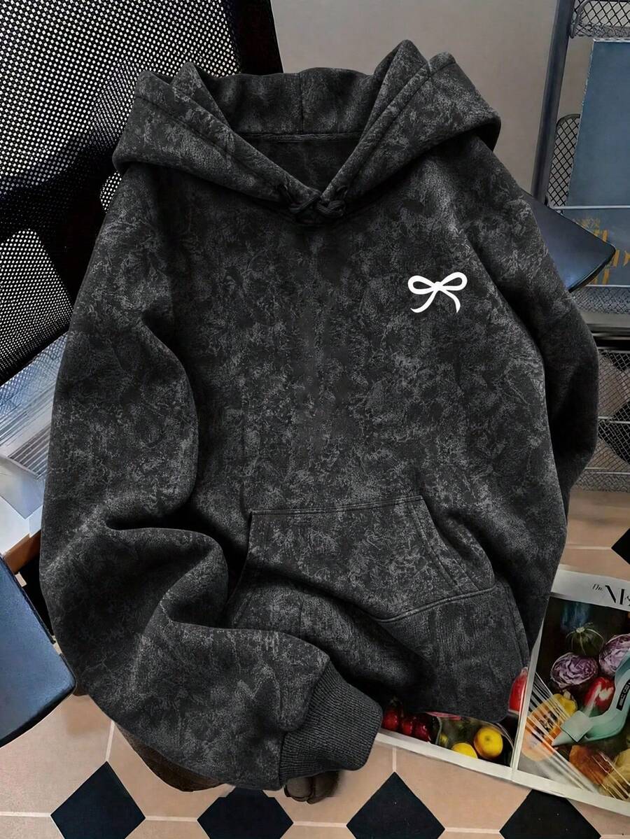 1pc Women's Navy Blue Minimalist Bow Embroidery Hooded Sweatshirt, Loose Drawstring Pocket Basic Pullover Sweatshirt, Suitable For Casual Lazy Daily Weekend Wear - Black - View 1