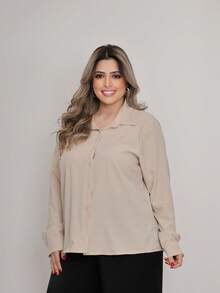 Women's Plus Size Plain Collared Dress Shirt With Long Sleeves - 米色 - 查看 2