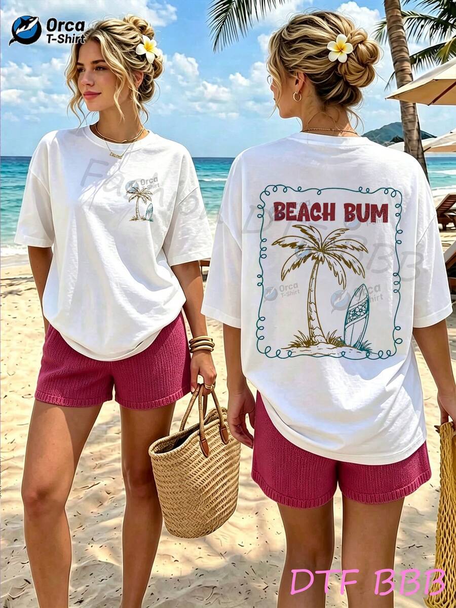 Camiseta de verano para mujer, estilo vacaciones en la playa, camiseta casual, con estampado de palmeras y tablas de surf, corte holgado y cómodo, adecuada para picnics en la playa y uso dia - Blanco - Ver 1