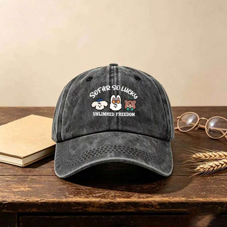 1pc Water-Washed Gothic Style Casual Hat, Featuring Cartoon Print And Fashionable Design. Suitable For Both Men And Women. It Has Sun Protection