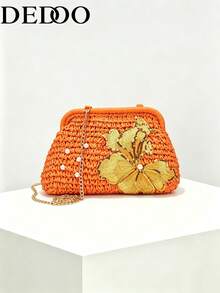 Dedoo 花卉刺繡編織草編手拿包，珍珠裝飾金屬鏈條復古夏季女款斜挎包，適合海灘派對度假 - 橘色 - 查看 3