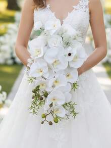 Boho Wedding Waterfall Bouquet Artificial Silk Flowers,Handmade Faux Rose & Butterfly Orchid Bridal Cascade Bouquet For Wedding Photoshoot Party Decor - Multicolor - View 2
