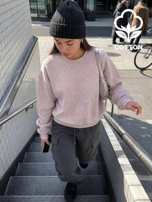 Women's Long Sleeve Crew Neck Ribbed Knit Pullover Sweatshirt, Regular Length Pure Cotton Top, Suitable For Autumn Outdoor Wear - Pink - View 4