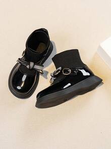 1 Pasang Sepatu Bot Sehari-hari Gaya Inggris untuk Anak Perempuan, Sol Lembut Anti Selip, Sepatu Bot Model Princess Serbaguna dengan Motif Rajutan Patchwork - Hitam - View 3
