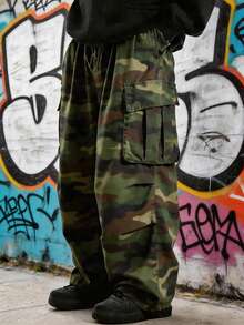 Men's Camouflage Cargo Pants, Loose Wide Leg, Streetwear Style, Relaxed Fit, Tactical Military Style, Multi-Pocket Practical Long Pants - Army Green - View 1
