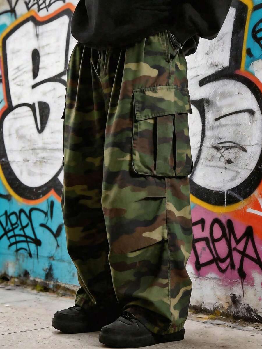 Men's Camouflage Cargo Pants, Loose Wide Leg, Streetwear Style, Relaxed Fit, Tactical Military Style, Multi-Pocket Practical Long Pants - Army Green - View 1